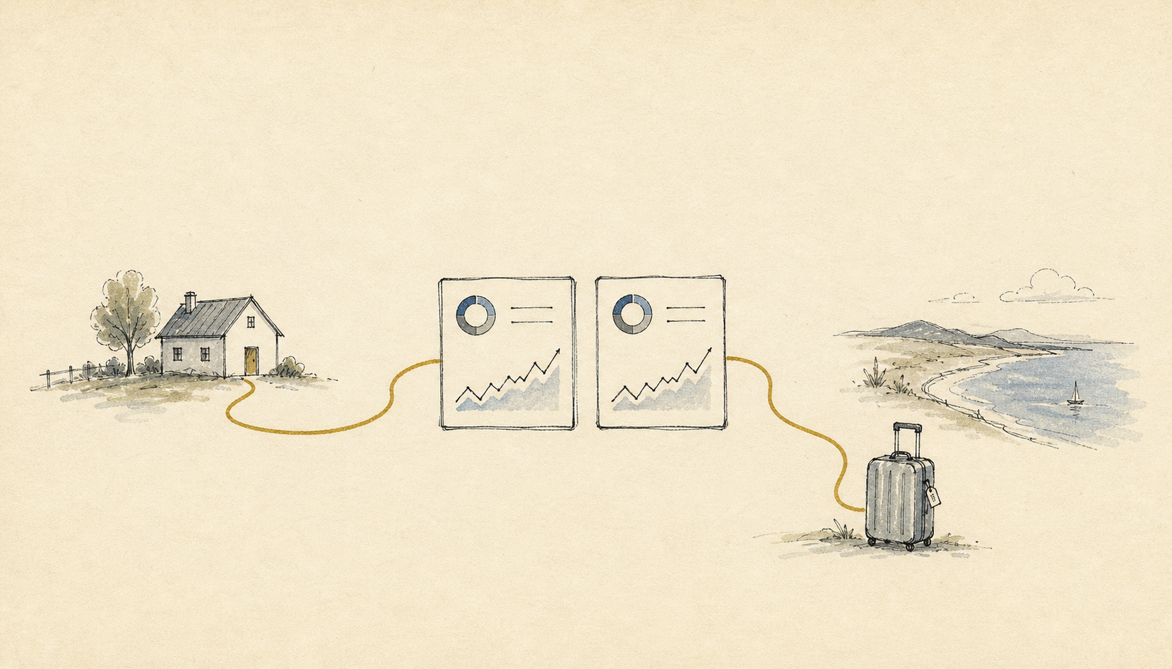Two hand-drawn portfolio cards branching into different life paths