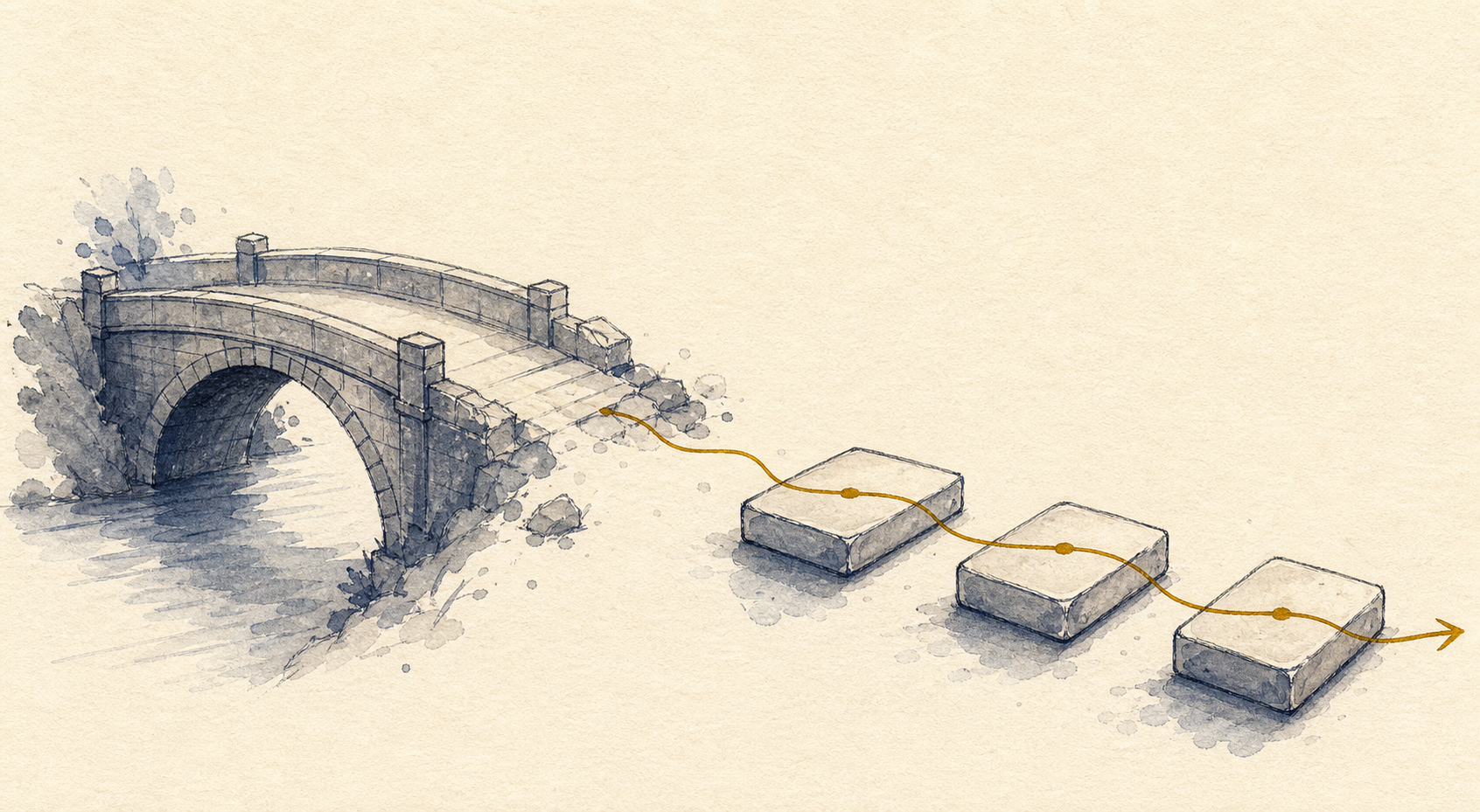 Hand-drawn bridge turning into modular wealth-tech stepping stones with a gold path